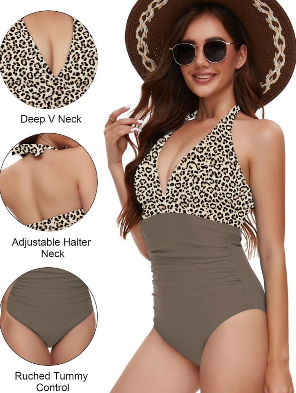 🆕 Chic Women's One Piece Halter Neck Leopard Print Swimsuit, Ruched Belly 🐆 - Picture 5 of 15